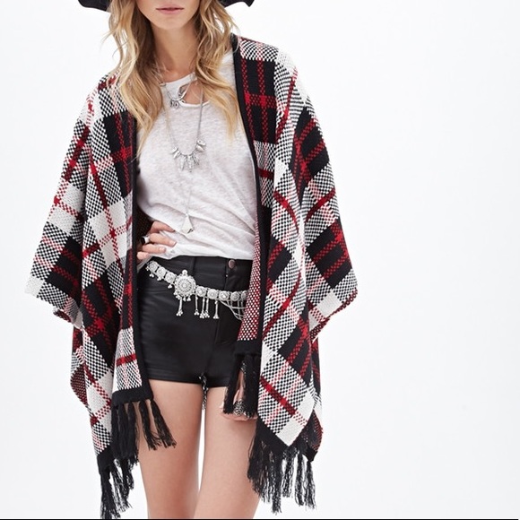 Forever 21 Sweaters - Black + Red Plaid Think Knit Fringe Poncho